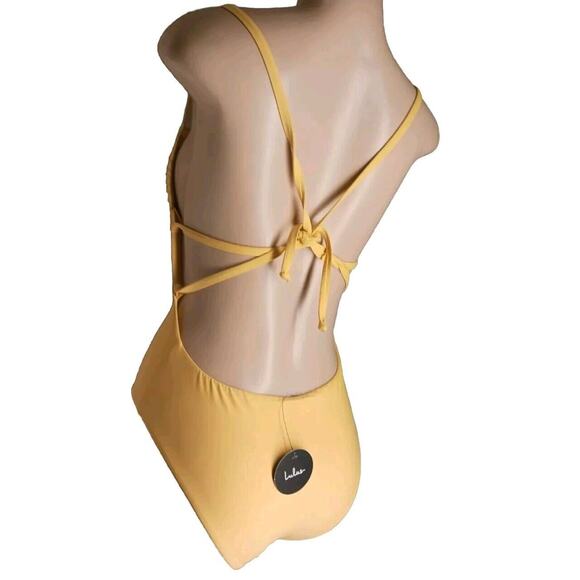 NWT Lulu's Yellow Square Neck Strappy Backless One-Piece Swimsuit Size M Padded - Picture 3 of 8